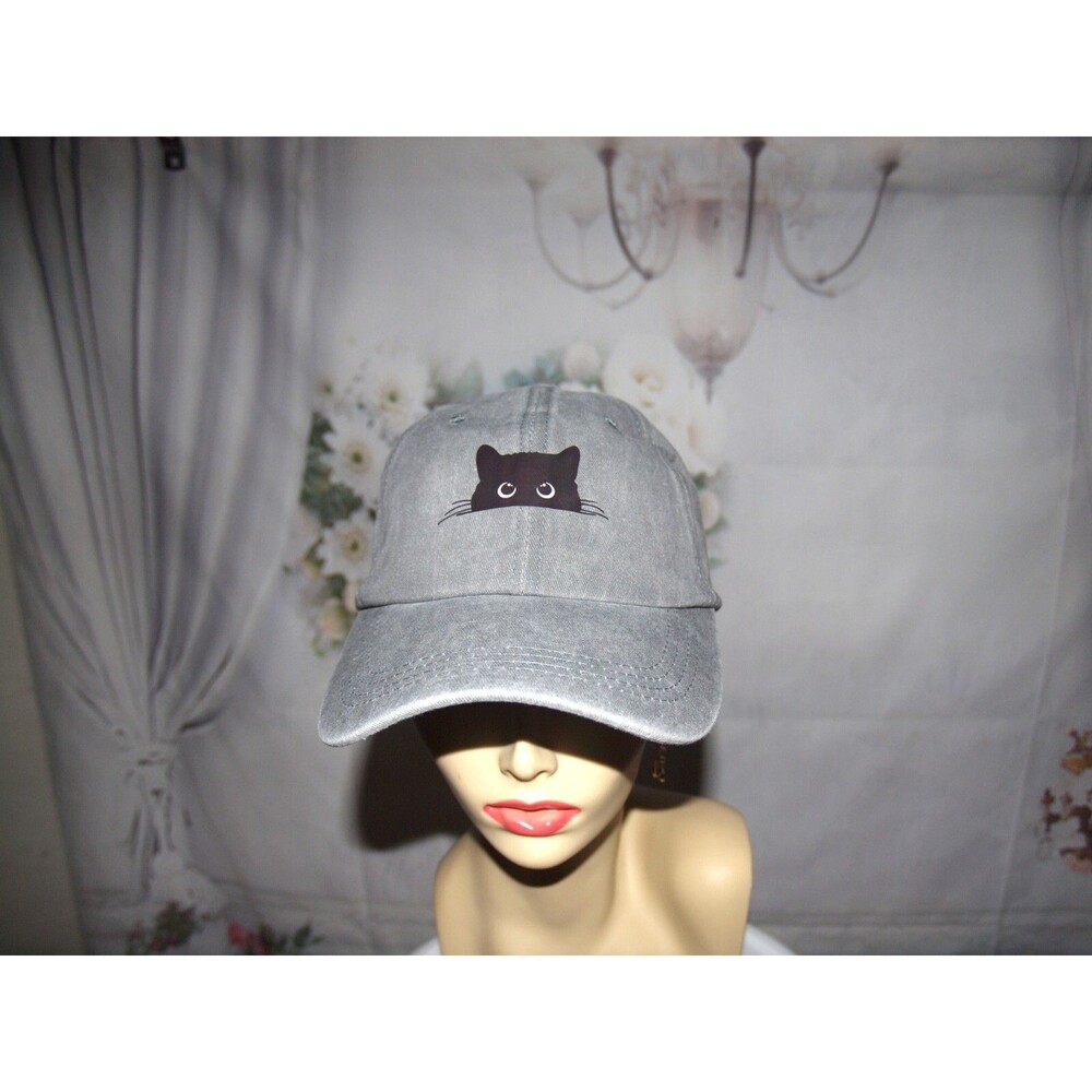 Cat Hat Baseball Cap Black Cat Peeking Gray Colored Stone Washed NEW